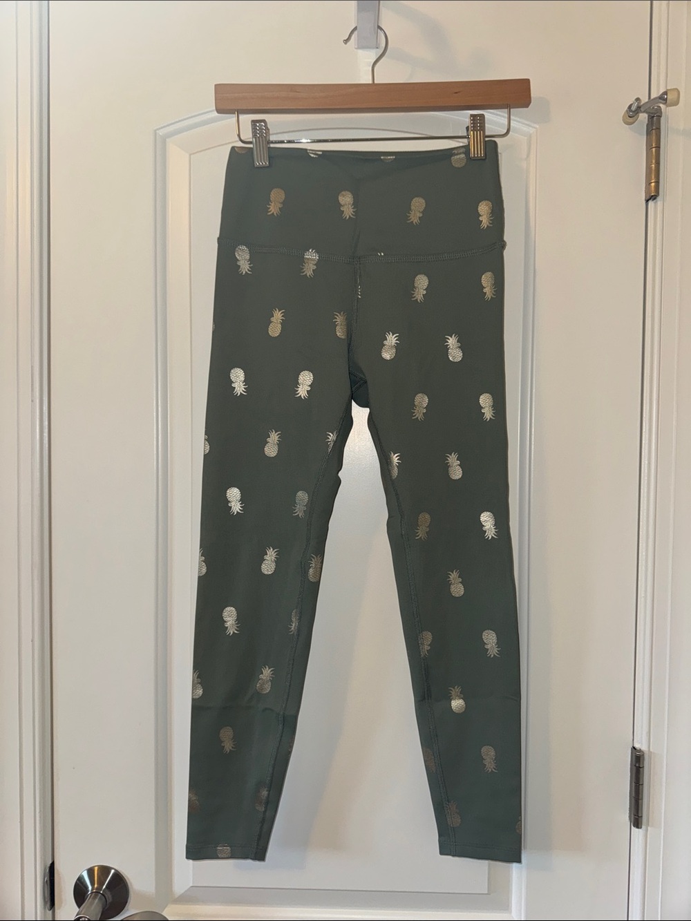 Beyond Yoga Olive Green Leggings with Metallic Pineapple Print